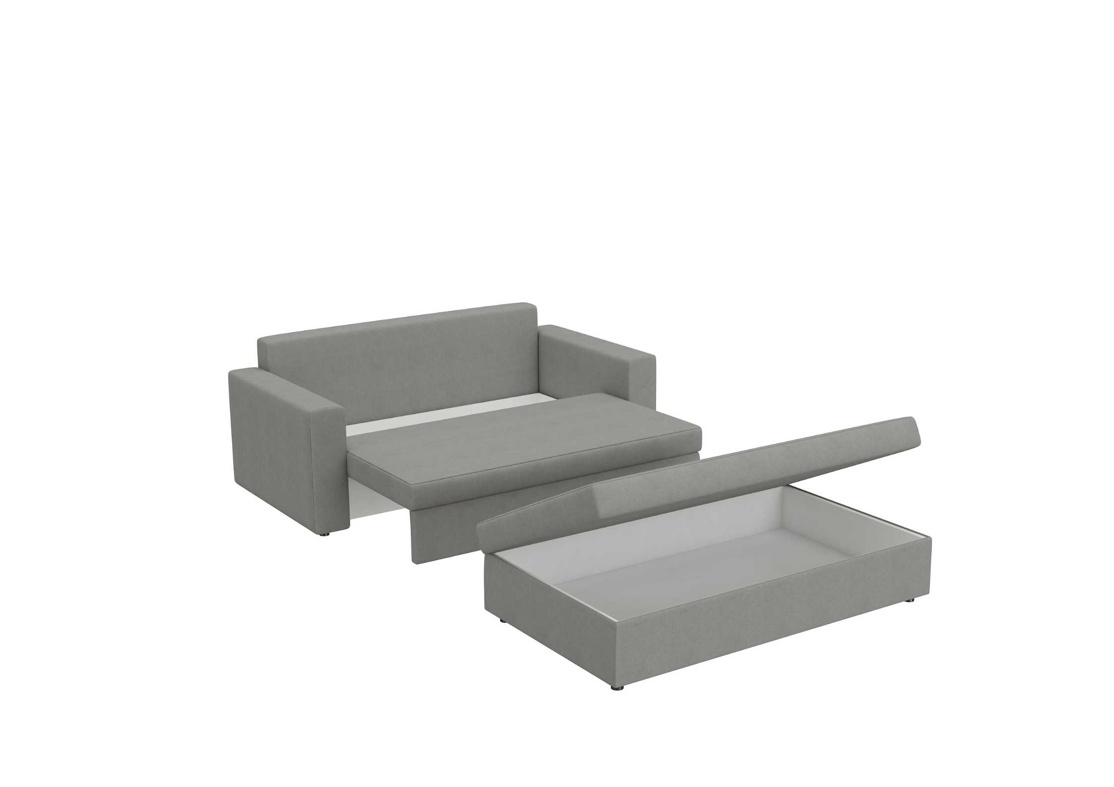 Mała szara sofa z dwoma pojemnikami